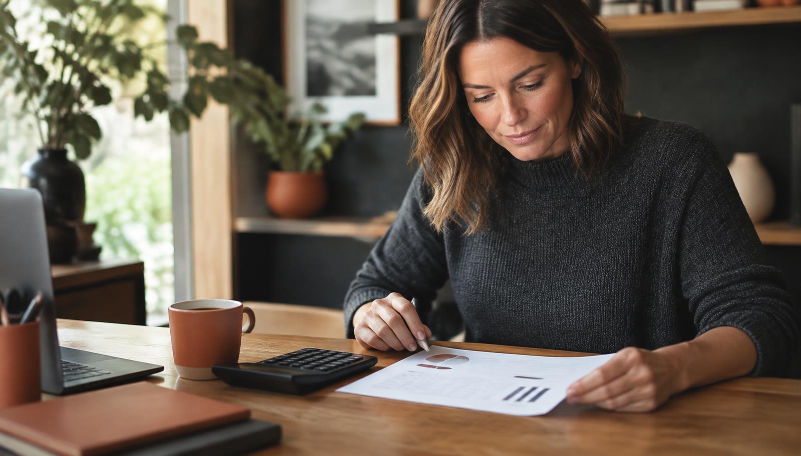 Small business owner reviewing a one-page financial summary at a timber desk