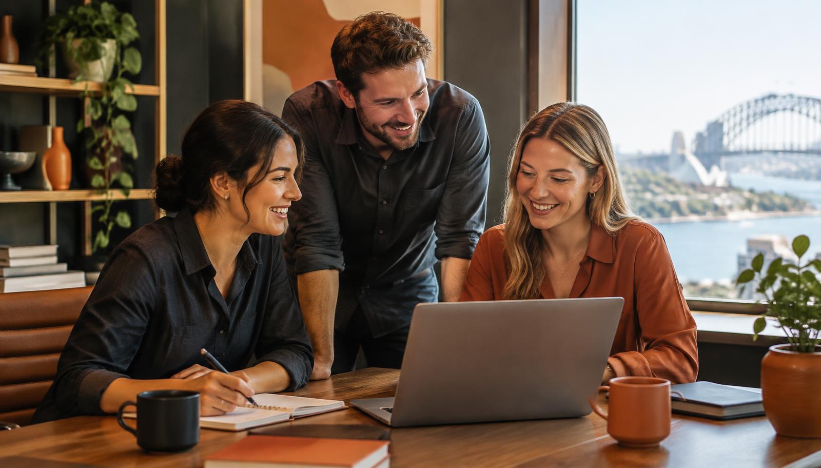 Small team of three staff collaborating happily around a desk in a modern office