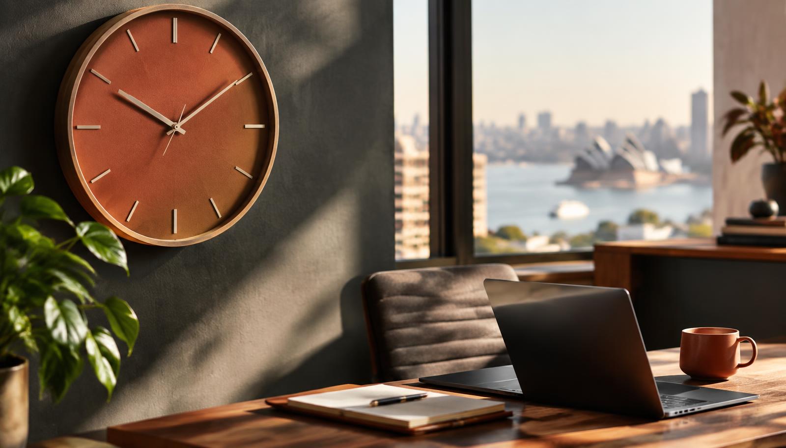 Wall clock beside a tidy desk with a weekly planner and laptop