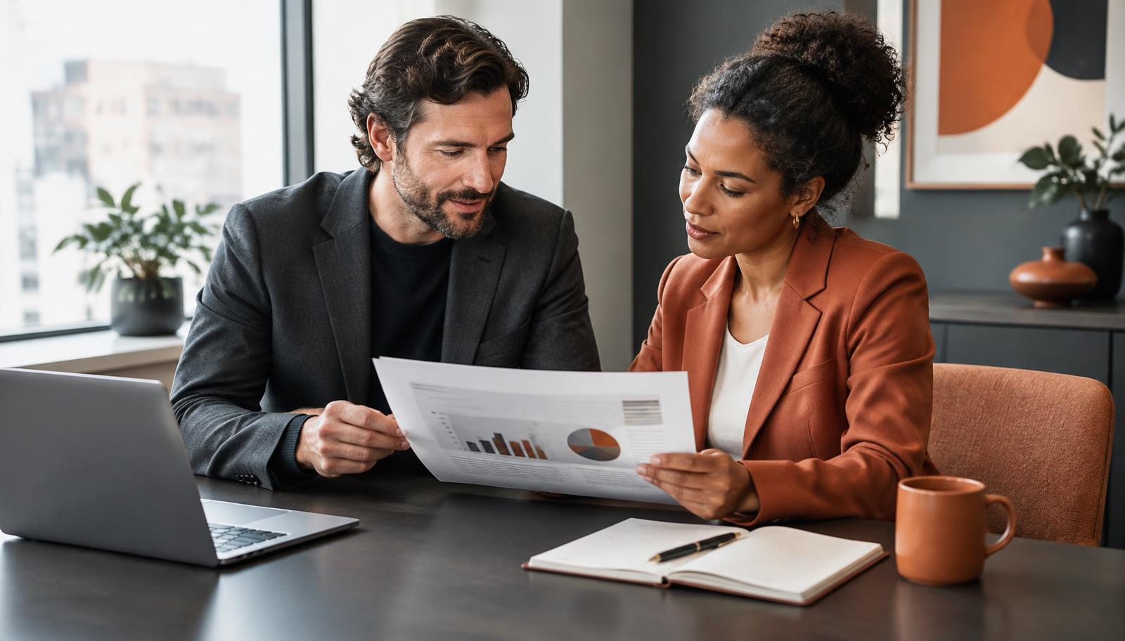 Two professionals reviewing a printed business report together in a bright meeting room